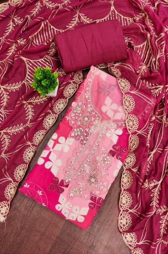 Magenta cotton silk printed unstitched dress material