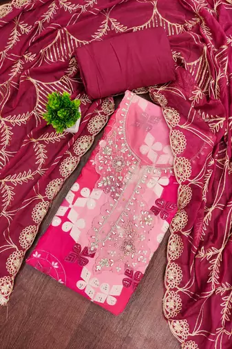 Magenta cotton silk printed unstitched dress material