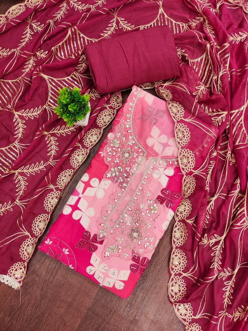 Magenta cotton silk printed unstitched dress material