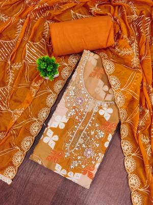 Orange cotton silk printed unstitched dress material 1