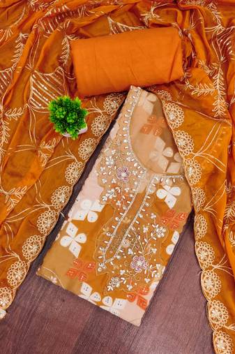 Orange cotton silk printed unstitched dress material