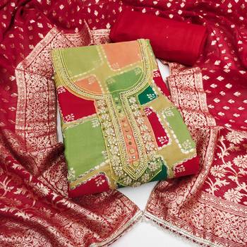 Multi color cotton silk embellished unstitched dress material 2