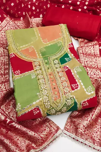 Multi color cotton silk embellished unstitched dress material