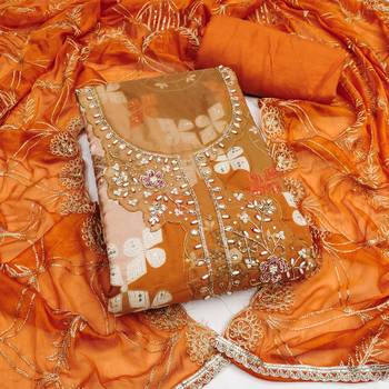 Orange cotton silk printed unstitched dress material 2