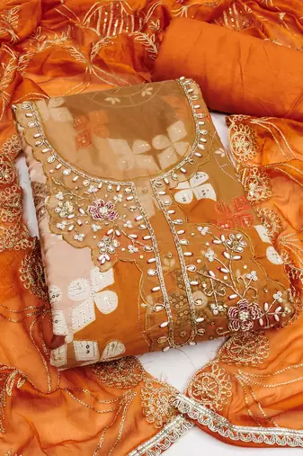 Orange cotton silk printed unstitched dress material