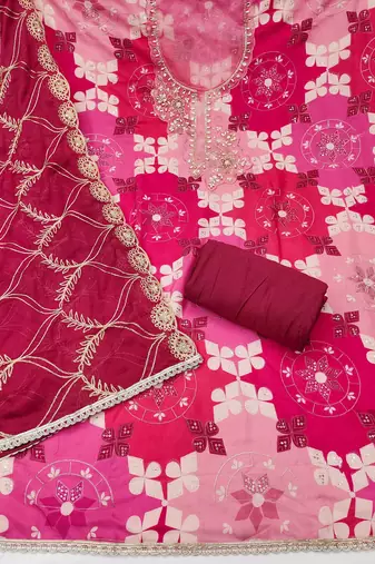 Magenta cotton silk printed unstitched dress material