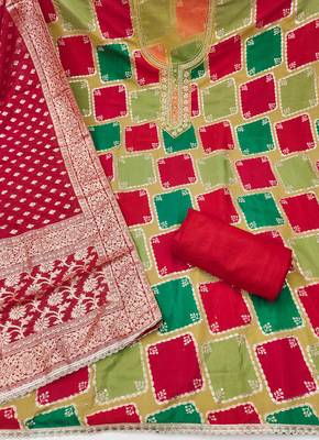 Multi color cotton silk embellished unstitched dress material 3