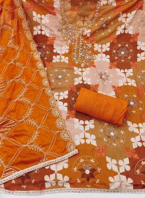 Orange cotton silk printed unstitched dress material 3