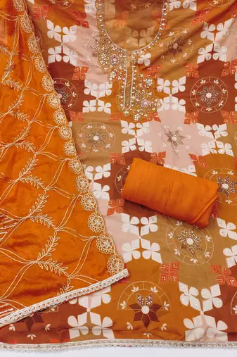 Orange cotton silk printed unstitched dress material