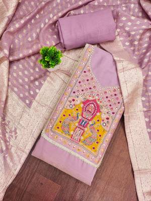 Lavender cotton silk embellished unstitched dress material 1