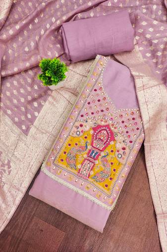 Lavender cotton silk embellished unstitched dress material