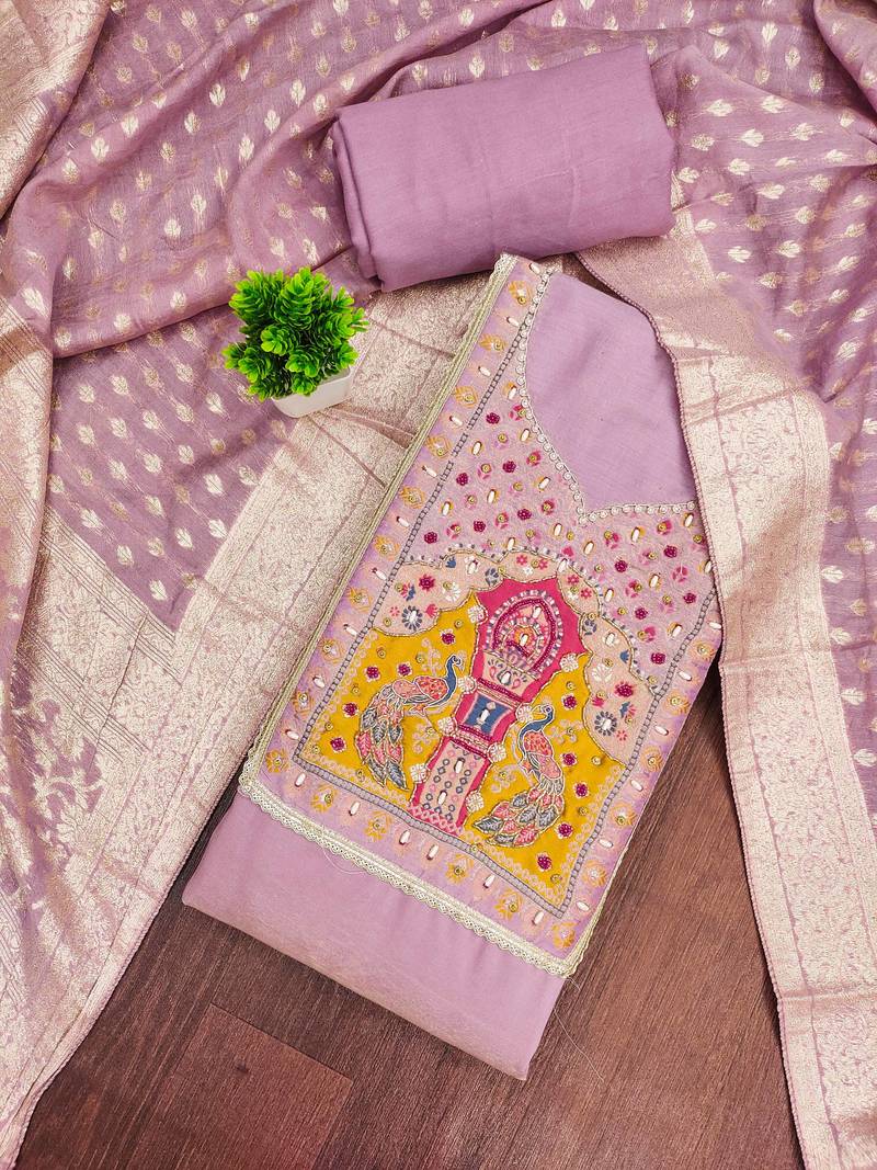 Lavender cotton silk embellished unstitched dress material