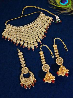 Gold plated maroon kundan bridal necklace set 1