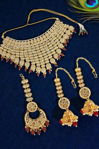 Gold plated maroon kundan bridal necklace set