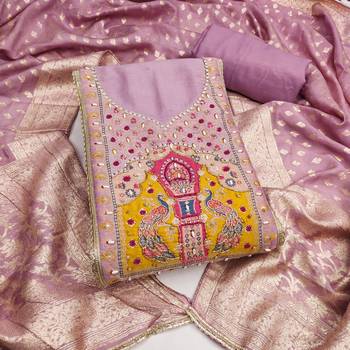 Lavender cotton silk embellished unstitched dress material 2