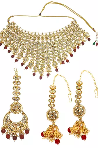 Gold plated maroon kundan bridal necklace set