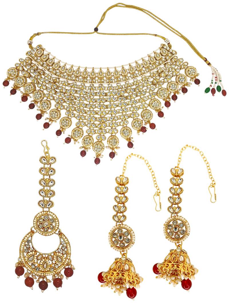 Gold plated maroon kundan bridal necklace set
