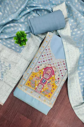 Blue cotton silk embellished unstitched dress material