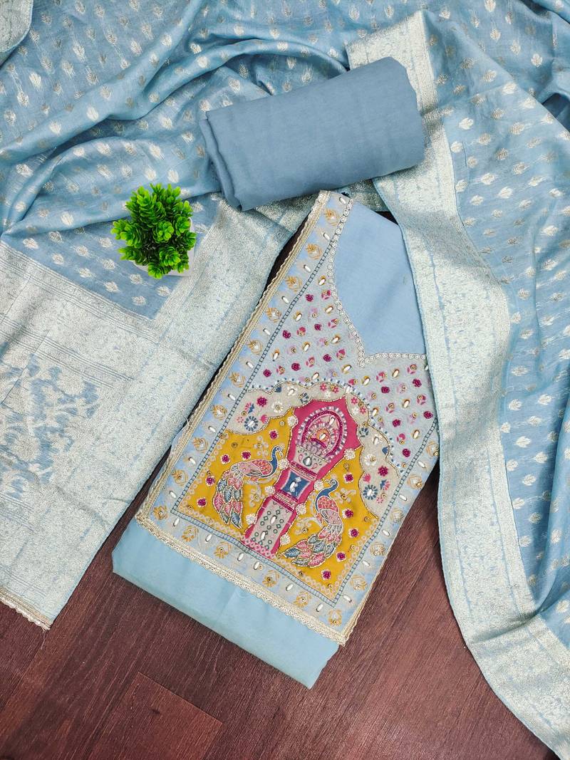Blue cotton silk embellished unstitched dress material