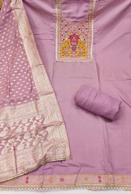 Lavender cotton silk embellished unstitched dress material 3
