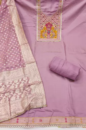 Lavender cotton silk embellished unstitched dress material
