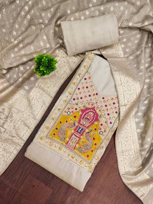 Grey cotton silk embellished unstitched dress material 1