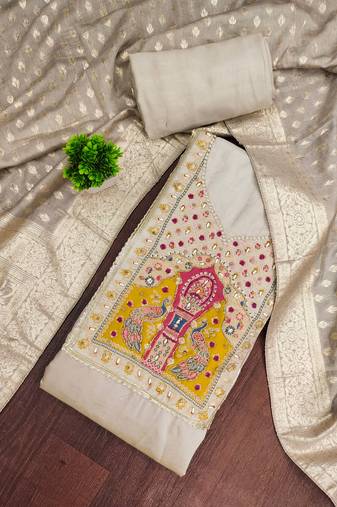 Grey cotton silk embellished unstitched dress material