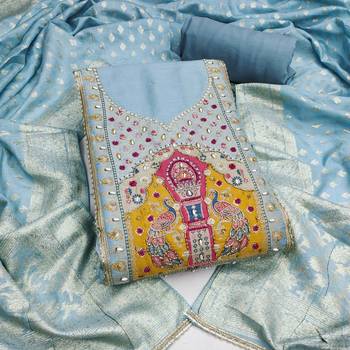 Blue cotton silk embellished unstitched dress material 2