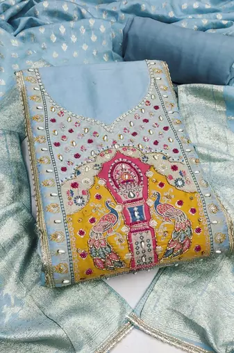 Blue cotton silk embellished unstitched dress material