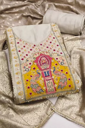 Grey cotton silk embellished unstitched dress material