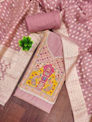 Pink cotton silk embellished unstitched dress material 1