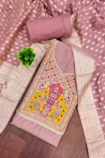 Pink cotton silk embellished unstitched dress material