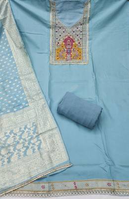 Blue cotton silk embellished unstitched dress material 3