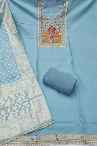 Blue cotton silk embellished unstitched dress material
