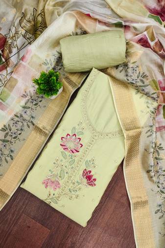 Mint cotton silk embellished unstitched dress material