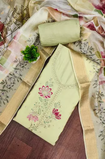 Mint cotton silk embellished unstitched dress material