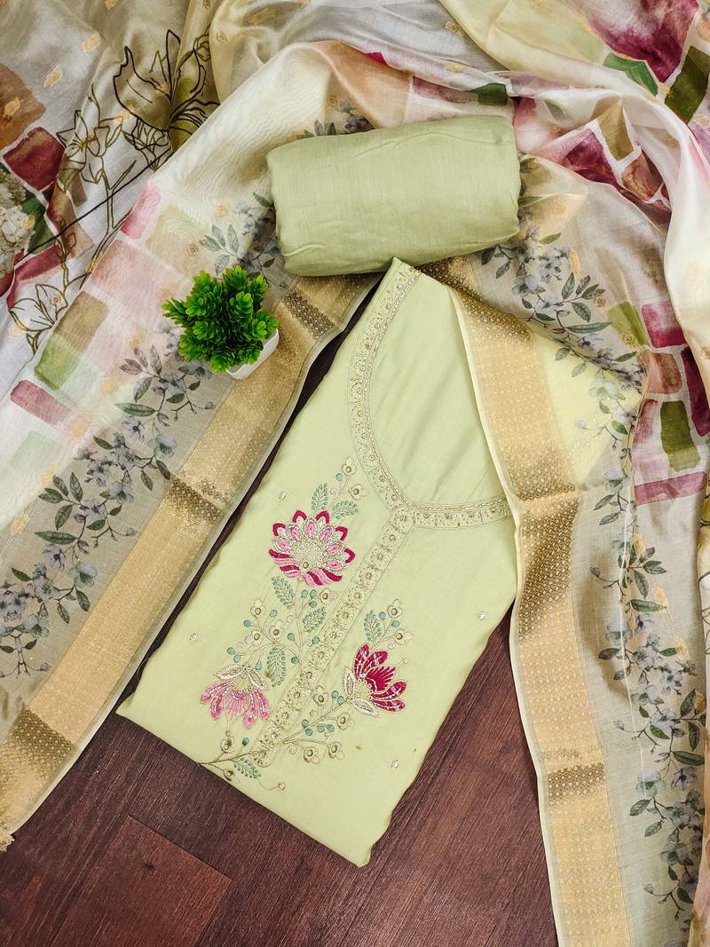 Mint cotton silk embellished unstitched dress material