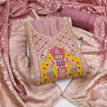 Pink cotton silk embellished unstitched dress material 2