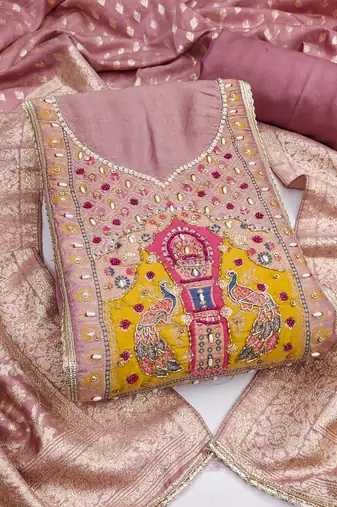 Pink cotton silk embellished unstitched dress material