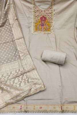Grey cotton silk embellished unstitched dress material 3