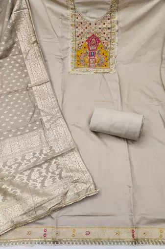 Grey cotton silk embellished unstitched dress material
