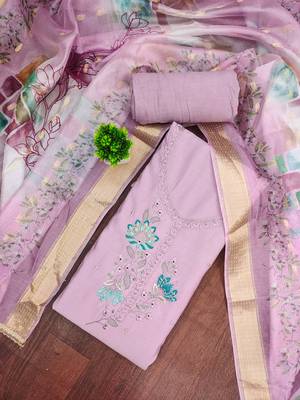 Lavender cotton silk embellished unstitched dress material 1