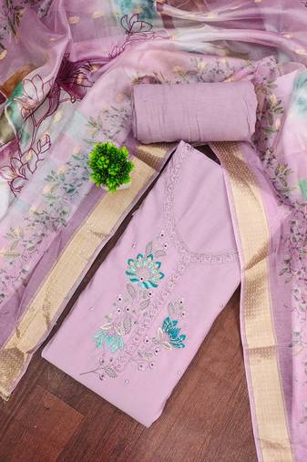 Lavender cotton silk embellished unstitched dress material