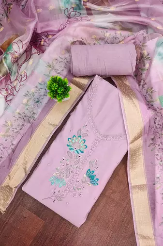 Lavender cotton silk embellished unstitched dress material