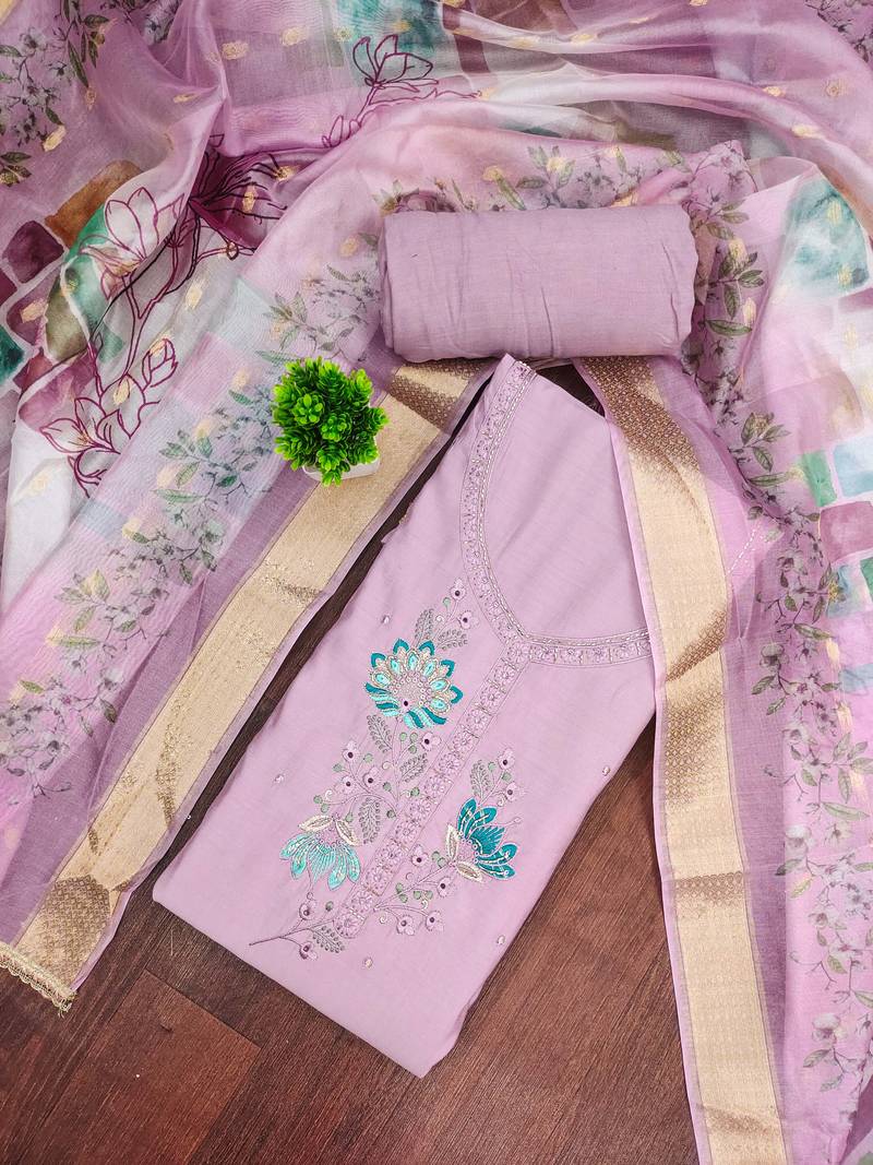 Lavender cotton silk embellished unstitched dress material