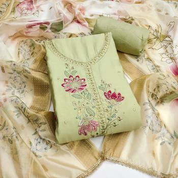 Mint cotton silk embellished unstitched dress material 2