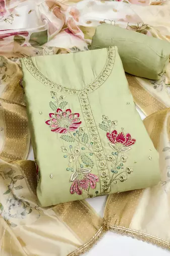 Mint cotton silk embellished unstitched dress material