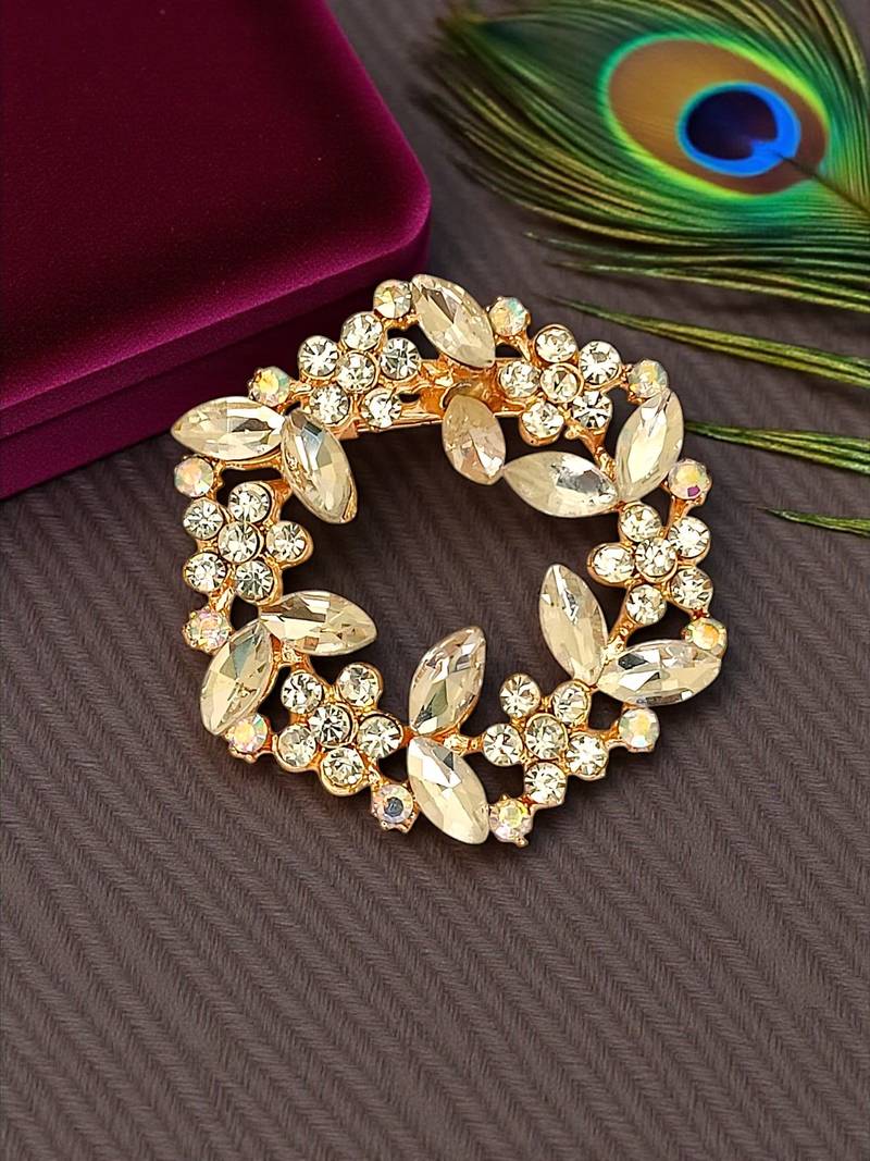 Rose gold plated crystal cz wreath saree pin