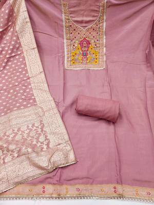 Pink cotton silk embellished unstitched dress material 3