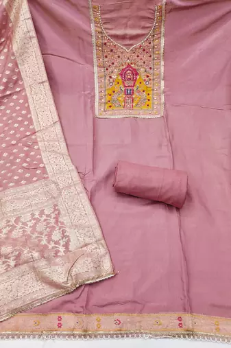Pink cotton silk embellished unstitched dress material